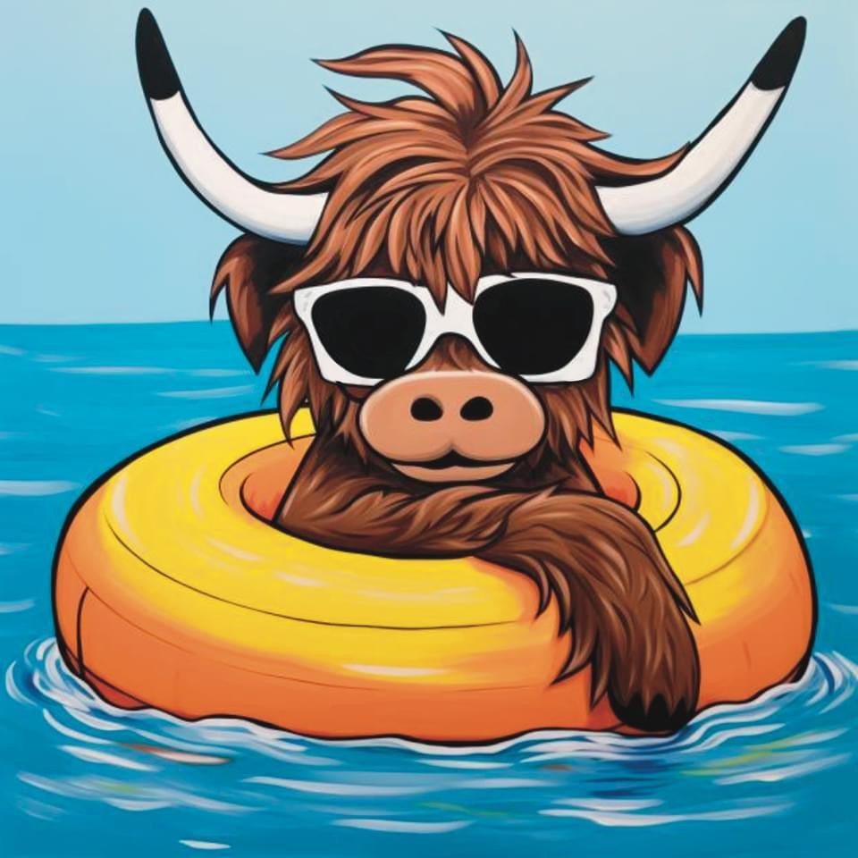 Swimming Highland Cow Canvas 8.1.24 at 6pm