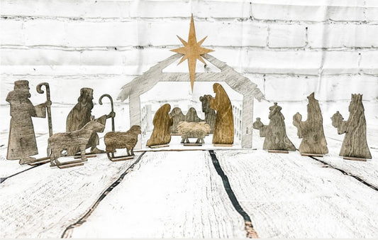 Wood Nativity Set with Stable